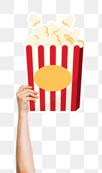 Hand holding popcorn png sticker, transparent background