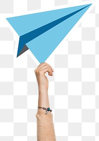 Hand png holding paper plane sticker, transparent background