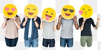 People png holding emoticon signs sticker, transparent background