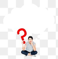 Woman png holding question mark sign sticker, transparent background