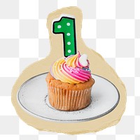 Birthday cupcake png sticker, ripped paper, transparent background