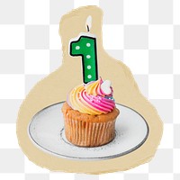 Birthday cupcake png sticker, ripped paper, transparent background