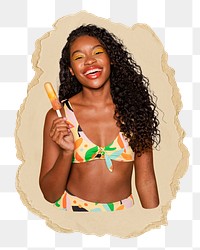 Cheerful Summer girl png sticker, ripped paper, transparent background