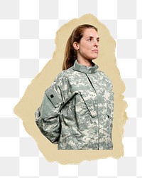 Female soldier png sticker, ripped paper, transparent background. 