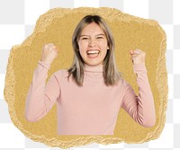 Happy teenage girl png sticker, ripped paper, transparent background