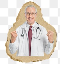 Happy doctor png sticker, ripped paper, transparent background