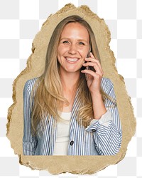 Business woman on phone png sticker, ripped paper, transparent background