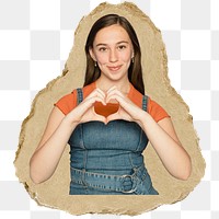 Woman heart hand png sticker, ripped paper, transparent background