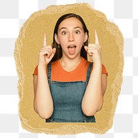 Woman pointing png up sticker, ripped paper on transparent background