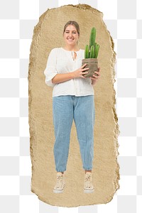 Woman plant lover png sticker, ripped paper, transparent background