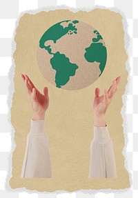 Hand presenting globe png sticker, ripped paper, transparent background