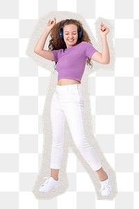 Happy woman png paper border sticker, dancing with headphones on, transparent background