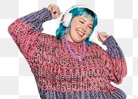 Woman dancing png with headphones, transparent background