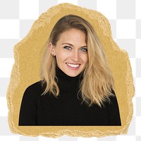 Smiling blonde png woman sticker, ripped paper on transparent background