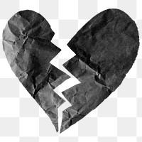 Broken heart png sticker, black paper texture, transparent background