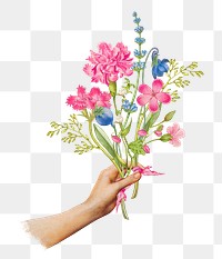 Hand png sticker holding flower bouquet, vintage illustration, transparent background