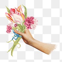 Hand png sticker holding flower bouquet, vintage illustration, transparent background