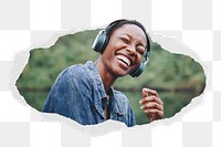 Png woman listening to music sticker, happy lifestyle photo in ripped paper badge, transparent background