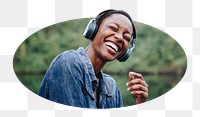 Png woman listening to music sticker, happy lifestyle photo badge, transparent background