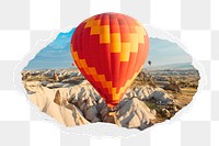 Hot png air balloon sticker, travel, transportation photo in ripped paper badge, transparent background