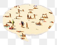 Png people at the beach, summer sticker, ripped paper speech bubble, transparent background