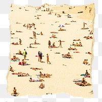 Png people at the beach, summer sticker, ripped paper, transparent background