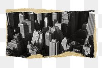 Grayscale city buildings png sticker, ripped paper, transparent background