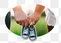 Couple png holding baby shoes badge sticker, parenthood photo, transparent background