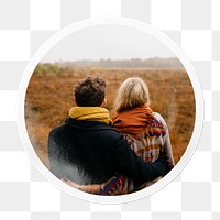 Tourist couple png sticker, travel circle frame, transparent background