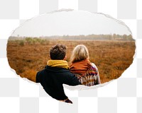 Travel tourist couple png sticker, ripped paper speech bubble, transparent background