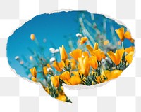 Yellow tulip png field, Spring sticker, ripped paper speech bubble, transparent background