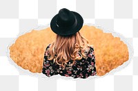 Hipster woman png in field sticker, travel aesthetic photo in ripped paper badge, transparent background