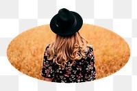 Hipster woman png in field  badge sticker, travel aesthetic photo, transparent background