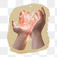 Hands holding png fairy lights ripped paper sticker, aesthetic graphic, transparent background