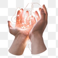 Hands holding png fairy lights sticker, aesthetic image on transparent background