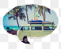 Png Summer camper van sticker, ripped paper speech bubble, transparent background