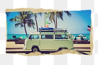 Png Summer camper van sticker, ripped paper, transparent background