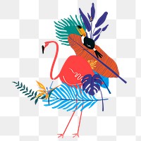 Bird botanical png clip art sticker, flamingo and toucan, transparent background 