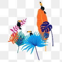 Botanical birds png clip art sticker, toucans and leaves transparent background