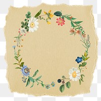 Aesthetic floral png frame sticker, ripped paper on transparent background