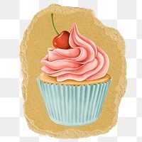 Pink cupcake png sticker, ripped paper on transparent background