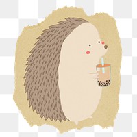 Hedgehog drinking png boba tea sticker, ripped paper on transparent background