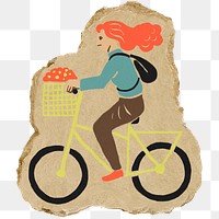 Woman riding bicycle png sticker, ripped paper, transparent background