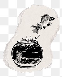 Fish escaping bowl png sticker, ripped paper, transparent background