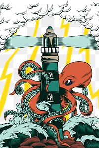 Giant octopus png sticker, lighthouse transparent background