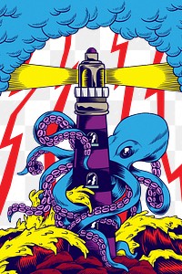 Giant octopus png sticker, lighthouse transparent background