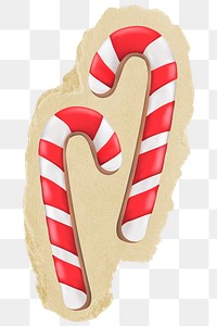 3D candy canes png sticker, ripped paper, transparent background