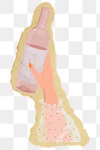 Champagne bottle png sticker, ripped paper, transparent background