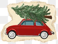 Car with Christmas tree png sticker, ripped paper, transparent background