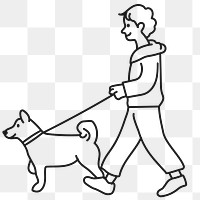 Png man walking dog sticker, hobby doodle character line art on transparent background